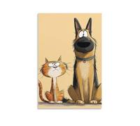 Canvas Wall Art 20"x30"-A Chubby Orange And White Cat with A Grumpy Expression Sitting Next to A Large German Shepherd Dog with A Collar-Home Decor Paintings for Home, Bedroom, or Studio（Unframed ）
