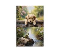 Canvas Wall Art 20"x30"-A Puppy Leaning on A Wooden Bridge, A Frog Sitting on A Rock by The Water -Home Decor Paintings for Home, Bedroom, or Studio（Unframed ）