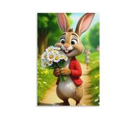 Canvas Wall Art 20"x30"-A Rabbit in A Red Coat Holding A Bouquet of Daisies on A Path -Home Decor Paintings for Home, Bedroom, or Studio（Unframed ）