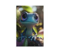 Canvas Wall Art 20"x30"-A Small, Blue, Cartoon-like Frog with Large, Colorful Eyes Sitting on A Rock, Surrounded by Green Leaves -Home Decor Paintings for Home, Bedroom（Unframed ）