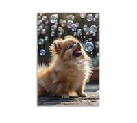 Canvas Wall Art 20"x30"-A Small Fluffy Dog Catching Bubbles -Home Decor Paintings for Home, Bedroom（Unframed ）
