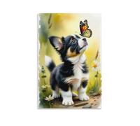 Canvas Wall Art 20"x30"-A Small Puppy Looking Up at A Butterfly, Standing on A Path with Flowers -Home Decor Paintings for Home, Bedroom（Unframed ）