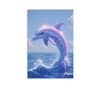 Canvas Wall Art 20"x30"-A Sparkly Purple Dolphin Leaping Out of The Ocean, with Waves Splashing Around It -Home Decor Paintings for Home, Bedroom（Unframed ）