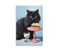 Canvas Wall Art 24"x36"-A Black Cat Sitting Next to A Slice of Cake on A Pink Pedestal And A Glass of Milk -Home Decor Paintings for Home, Bedroom（Unframed ）