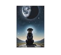 Canvas Wall Art 24"x36"-A Black Dog Sitting on A Rock, Looking Up at The Moon And Stars -Home Decor Paintings for Home, Bedroom（Unframed ）
