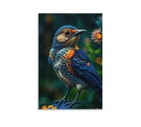 Canvas Wall Art 24"x36"-A Colorful Bird with Blue, Orange, And White Feathers, Standing on A Surface with Flowers in The Background -Home Decor Paintings for Home, Bedroom, or Studio（Unframed ）