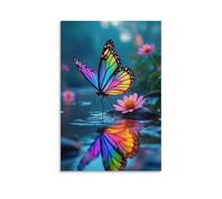 Canvas Wall Art 24"x36"-A Colorful Butterfly Standing on A Pink Flower near Water, with Its Reflection Visible in The Pond -Home Decor Paintings for Home, Bedroom, or Studio（Unframed ）