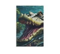Canvas Wall Art 24"x36"-A Crocodile in The Water with Its Mouth Open, Showing Sharp Teeth And Orange Eyes -Home Decor Paintings for Home, Bedroom（Unframed ）