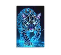 Canvas Wall Art 24"x36"-A Neon-blue Jaguar with Glowing Eyes And Spots, Walking on Reflective Water -Home Decor Paintings for Home, Bedroom（Unframed ）