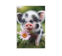 Canvas Wall Art 24"x36"-A Piglet with Black And White Spots, Pink Snout, Standing on Grass, Holding A Pink Daisy-Home Decor Paintings for Home, Bedroom（Unframed ）