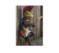 Canvas Wall Art 24"x36"-A Punk Frog with A Red Mohawk, Wearing A Leather Jacket with Spikes, Playing An Electric Guitar -Home Decor Paintings for Home, Bedroom, or Studio（Unframed ）