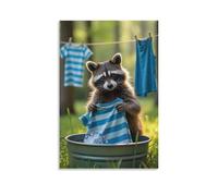 Canvas Wall Art 24"x36"-A Raccoon Washing A Striped Shirt in A Basin, with Clothes Hanging on A Line behind It -Home Decor Paintings for Home, Bedroom, or Studio（Unframed ）