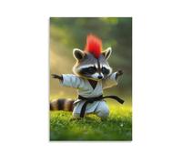 Canvas Wall Art 24"x36"-A Raccoon with Red Mohawk in Karate Uniform And Black Belt on Green Grass -Home Decor Paintings for Home, Bedroom, or Studio（Unframed ）