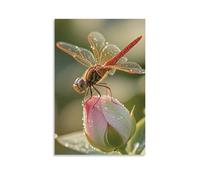 Canvas Wall Art 24"x36"-A Red Dragonfly Perched on A Pink Lotus Bud with Dew Drops on Its Wings -Home Decor Paintings for Home, Bedroom, or Studio（Unframed ）