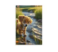 Canvas Wall Art 24"x36"-A Small Brown Puppy Standing by A Stream, with A Blue Collar, Looking Curious -Home Decor Paintings for Home, Bedroom（Unframed ）