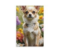 Canvas Wall Art 24"x36"-A Small Dog with Light Brown And White Fur, Sitting Among Colorful Flowers, Wearing A Collar -Home Decor Paintings for Home, Bedroom（Unframed ）