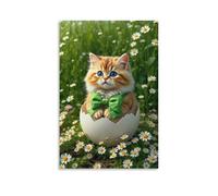 Canvas Wall Art 24"x36"-A Small Kitten Sitting in A Cracked Eggshell with A Green Bow Tie, Surrounded by Daisies -Home Decor Paintings for Home, Bedroom（Unframed ）