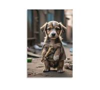 Canvas Wall Art 24"x36"-A Small Puppy Wearing A Coat, Holding A Bone in Its Mouth, Standing on A Messy Street -Home Decor Paintings for Home, Bedroom（Unframed ）