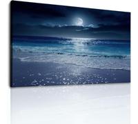 Canvas Wall Art 28 x 20 in Unframed - Ocean Beach Moonlight Canvas Prints Romantic Coastal Wall Painting Poster for Living Room Bedroom Bathroom Hallway Home Decor Pictures, Dark Blue