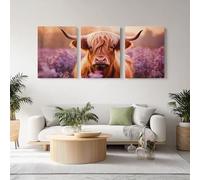 Canvas Wall Art 3 Pcs Cute Highland Cattle Flower Field Painting Posters, 40x60cmx3 Canvas Prints Picture Animal Photography Wall Decor for Living Room Home Office, Frameless Design