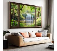 Canvas Wall Art 3D Waterfall Nature Scene Outside Window Poster Canvas Painting Print For Living Room Wall Art Pictures Home Decorative 120L x 60W CM (47" x 24") Frameless