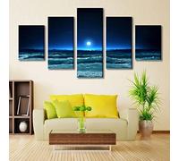 Canvas Wall Art 5 Pieces Vintage Moonoceanbluewaves Wall Art Prints Pictures For Bedroom Dining Kitchen Bathroom Pictures And Wall Art Decoration Artwork 100 X 50 Cm -5E4D+F9C7-