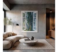 Canvas Wall Art - 60x90cm Unframed Afternoon Forest Window View Canvas Artwork Sunlight Shines Through The Spruce Forest Posters Wall Pictures for Living Room Bedroom Hallway and Stairs, Fog Green