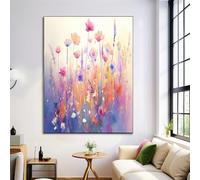 Canvas Wall Art 80X120Cm 1-Piece Watercolor Wildflowers Large Canvas Prints - Light Purple Art Deco Pictures For Bedroom Walls- Home Decor Wall Pictures For Living Room - Ink Splash Plants