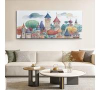 Canvas Wall Art 90 x 60 cm Cartoon, Framed Wall Art Prints for Living Room Bedroom Hallway Decorative Paintings, Castle Trees Clouds - Canvas Photo Prints White