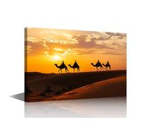 Canvas Wall Art A Line of Camel Riders Traversing Sand Dunes at Dunset Pictures A Silhouetted Scene Against a Vivid Sky Print on Canvas for Home Decoration Framed Ready to Hang 24" Wx 16" H