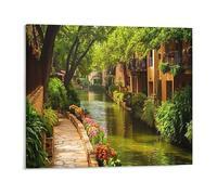 Canvas Wall Art A Serene Walk Along The Vibrant Canals Of San Antonio Lined With Colorful Flowers Wall Art Poster Painting For Living Room Bedroom Office Home Decoration Artwork 12x16Inch Unframed