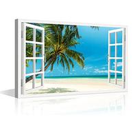 Canvas Wall Art Beach Island Paradise Wilderness Wall Paintings Window View Wall Decoration for Living Room Decor Tropical Palm Tree Wall Pictures for Bedroom Framed Ready to Hang (36"W x 24"H)