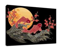 Canvas Wall Art Black Oriental - Framed Wall Pictures for Living Room, Fish Moon Wintersweet Decorative Painting for Office, Hallway, and Bedroom 90 x 60 cm