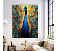 Canvas Wall Art Blue Gold Bright Peacock Fantasy Animals Canvas Pictures For Living Room Bedroom Hallway Kitchen Or Office Wall Decor - Poster Prints Extra Large Artwork 60X90Cm Unframed