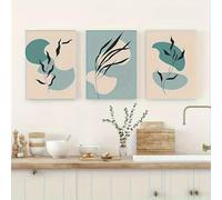 Canvas Wall Art Bohemian Green Palm Leaf & Abstract Floral Prints in Soft Pastel Teal For Living Room Home Decoration(50x75cm-3Pcs)