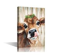 Canvas Wall Art Cute Cow Bathroom Prints Oil Painting Artwork for Bedroom Living Room Home Farmhouse Decor Stretched and Chic Framed Ready to Hang, 12x8in