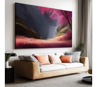 Canvas Wall Art Dreamy Mountain Waterfall Pink Flowers Picture Canvas Poster Print Artwork for Bathroom Living Room Wall Decor 100L x 75W CM (39" x 30") Unframed