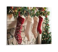 Canvas Wall Art Festive Red And White Christmas Stockings Hanging On The Fireplace Mantle Wall Art Poster Decorative Painting For Living Room Bedroom Office Home Decoration Artwork 12x16Inch Unframed