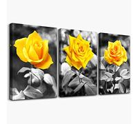 Canvas Wall Art For Bedroom Living Room Bathroom Wall Decor For Kitchen Family Pictures Artwork Black And White Yellow Rose Flowers Paintings 12" X 16" 3 Pieces Framed Modern Office Home Decorations
