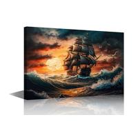 Canvas Wall Art for Bedroom Pirate Ship Wall Paintings for Living Room Fantasy Boat Sunset Sailing in a Storm Office Modern Wall Art Scenery Pictures Print On Canvas Framed Ready to Hang 24x16 in