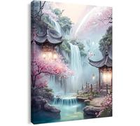 Canvas Wall Art Framed - Asian Waterfall Garden Artwork with Cherry Blossom Fantasy Landscape Wall Decor for Living Room Bedroom Hallway or Entryway Home Decoration, with Hooks and Nails 16 x 20 inch