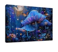 Canvas Wall Art Framed Fantasy, Decorative Paintings On Canvas Poster Blue Forest Plants Butterfly - Pictures Artworks for Living Room, Bedroom, Kitchen, Bathroom, Home Office 90 x 60 cm