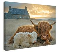 Canvas Wall Art Framed - Highland Cow and Calf Farmhouse Artwork, Rustic Country Cottage Wall Decor for Living Room, Bedroom, Hallway or Entryway Home Decoration, with Hooks and Nails, 12x16 Inch