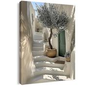 Canvas Wall Art Framed - Mediterranean Olive Tree on White Steps Artwork, Greek Island Style Wall Decor for Living Room, Bedroom, Hallway or Entryway Home Decoration, with Hooks and Nails, 12x16 Inch