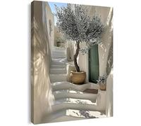Canvas Wall Art Framed - Mediterranean Olive Tree on White Steps Artwork, Greek Island Style Wall Decor for Living Room, Bedroom, Hallway or Entryway Home Decoration, with Hooks and Nails 16 x 20 inch