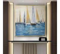 Canvas Wall Art Framed Print - Modern Abstract Sailing Boat with Sea View Painting Canvas Ocean Wall Art for Home Decor 90x90cm(35x35in) With Frame