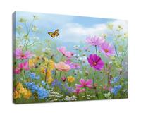 Canvas Wall Art Framed Rustic Style, Decorative Paintings On Canvas Poster Blue Floral Butterfly Plant Grass - Pictures Artworks for Living Room, Bedroom, Kitchen, Bathroom, Home Office 120 x 60 cm