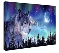 Canvas Wall Art Framed - Wolf Moon Night Sky Artwork with Northern Lights, Fantasy Nature Wall Decor for Bedroom, Living Room, Hallway or Entryway Home Decoration, with Hooks and Nails, 12x16 Inch