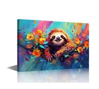 Canvas Wall Art Happy Baby Sloth Oil Painting Canvas Prints Stretched and Framed Cute animal with Color Splash Pictures for Living Room Home Decorations 18x12 inch