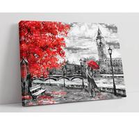 Canvas Wall Art London Oil Painting Artwork Big Ben Red Umbrella Picture Print (8in x 12in / 20cm x 30cm)